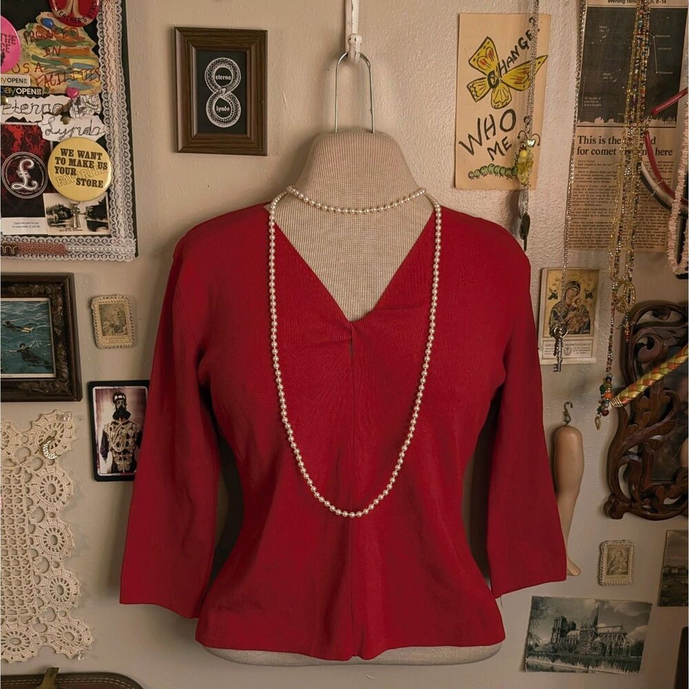 Vintage V-Neck Knit Sweater Blouse Women's Medium Bright Red